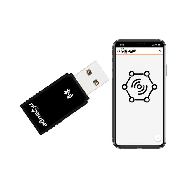 nGauge 4x4 USB Gateway adapter and smartphone with app on a white background