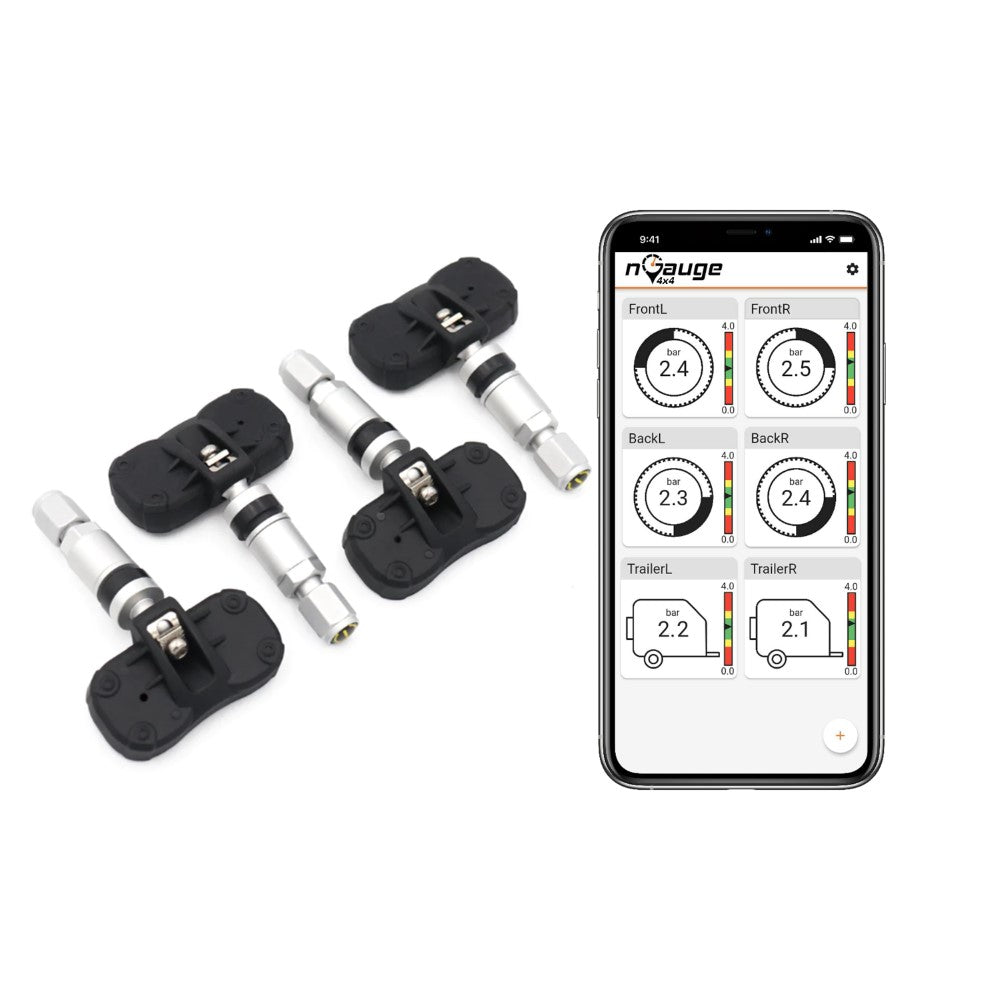 TPMS sensors with smartphone displaying tire pressure monitoring app on a white background