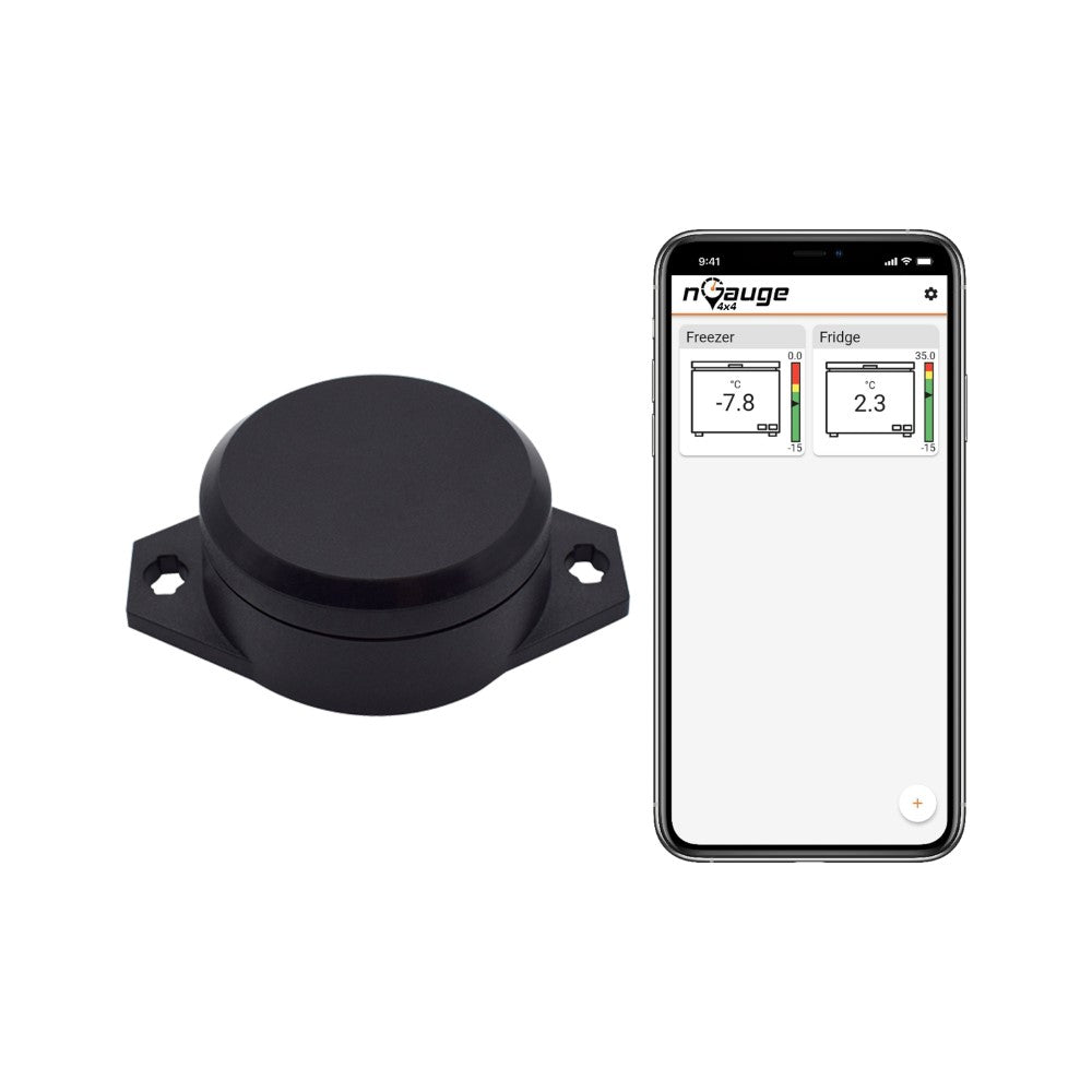 Black round nGauge4x4 temperature sensor device next to a smartphone displaying a temperature monitoring app on a white background