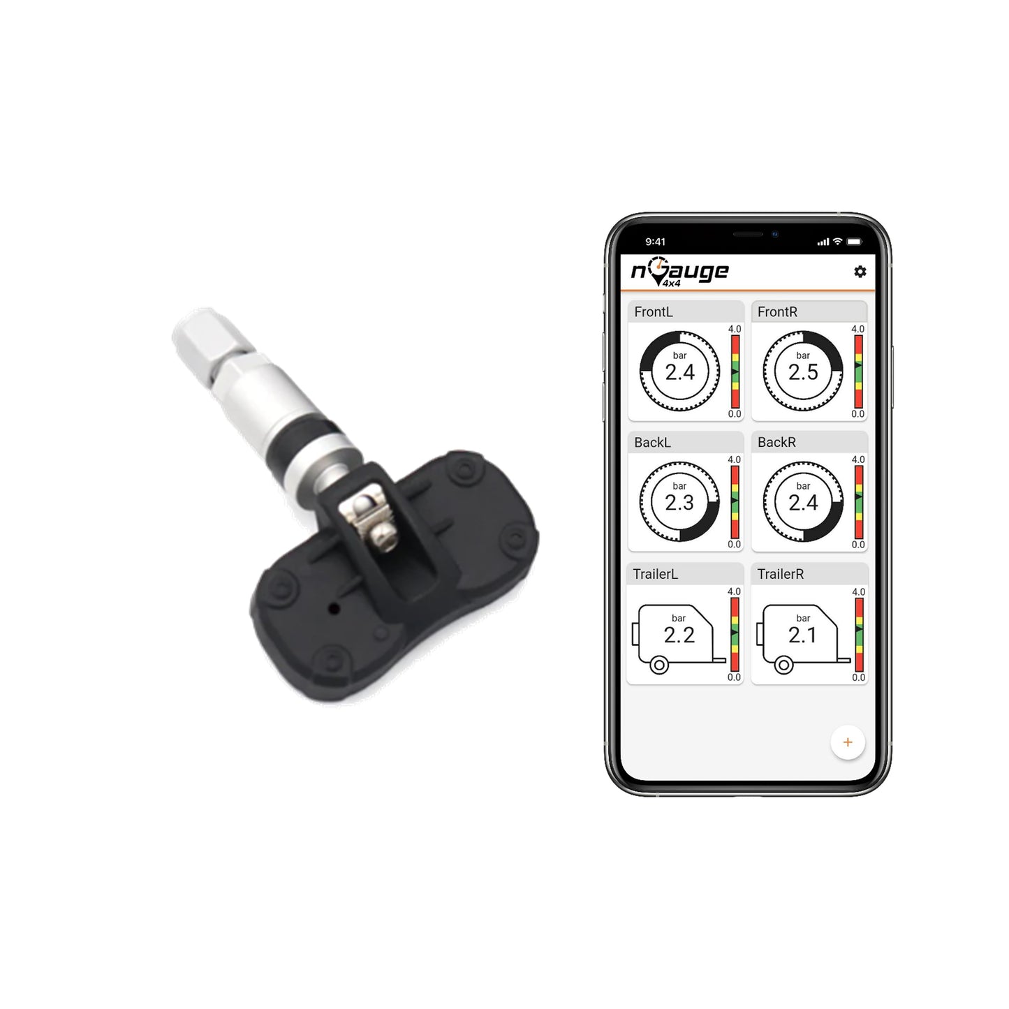 TPMS sensor and smartphone displaying tire pressure monitoring app on a white background