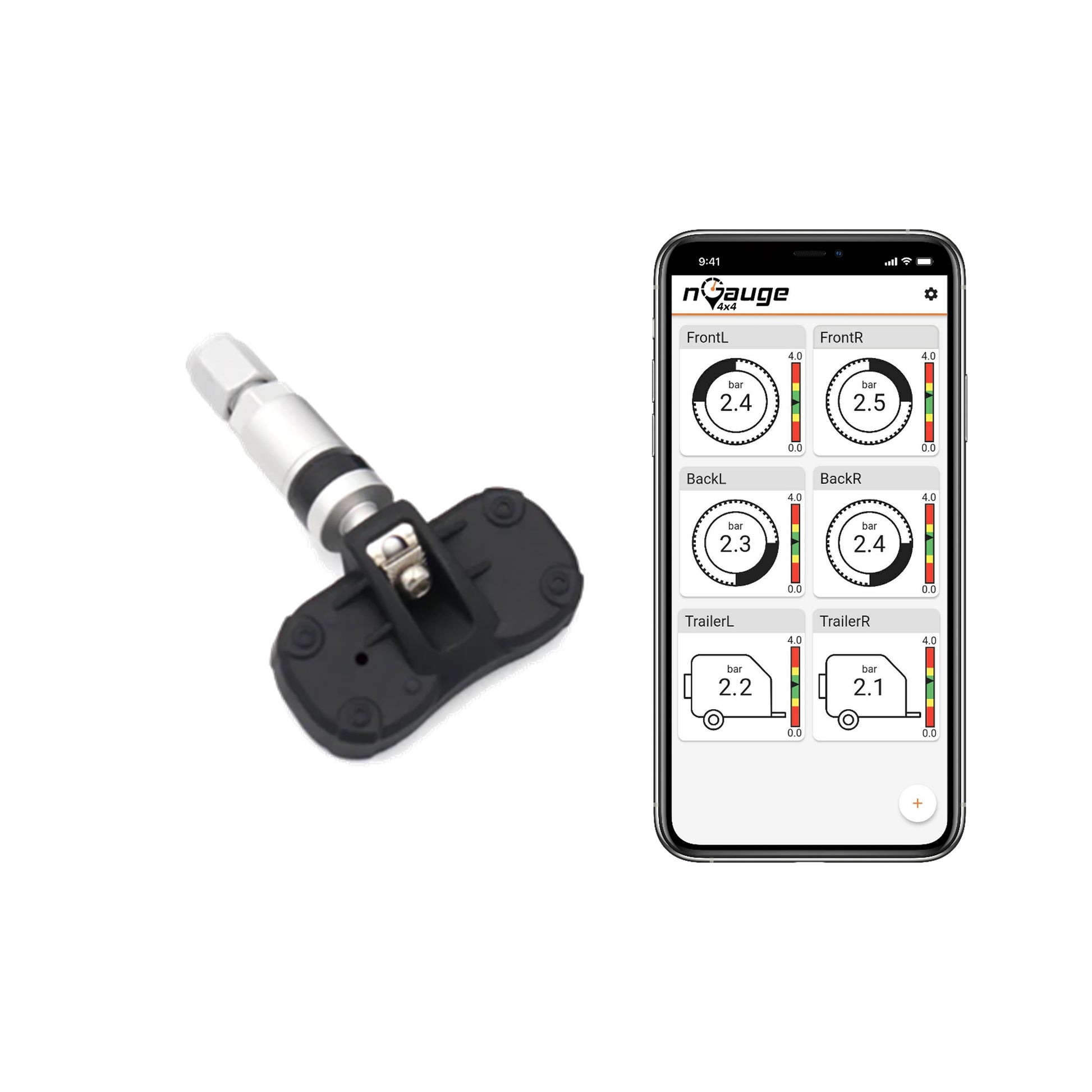TPMS sensor and smartphone displaying tire pressure monitoring app on a white background