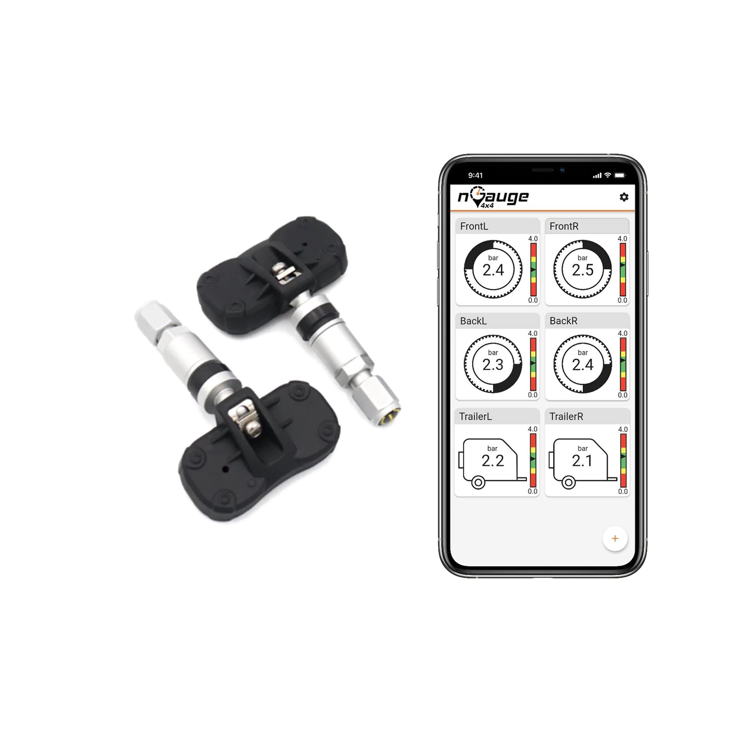 TPMS sensors with smartphone displaying tire pressure monitoring app on a white background
