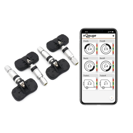 TPMS sensors with smartphone displaying tire pressure monitoring app on a white background