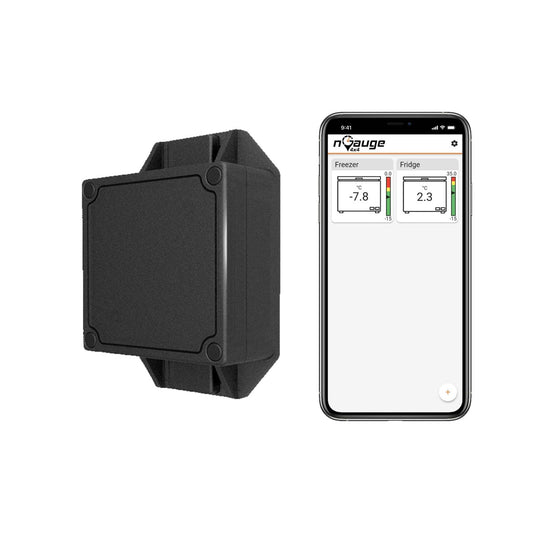 Black nGauge4x4 temperature sensor device and smartphone with temperature monitoring app on a white background