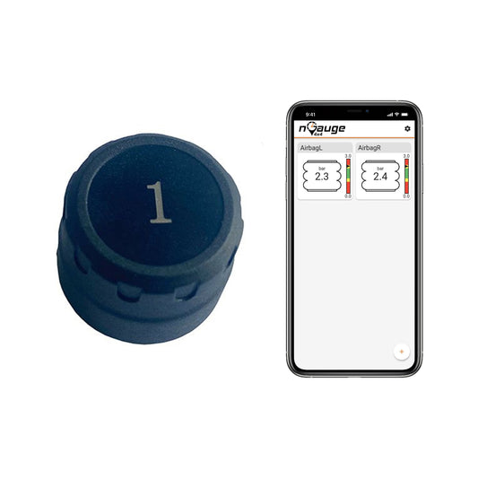 Black tire pressure monitoring sensor with smartphone displaying app interface on a white background