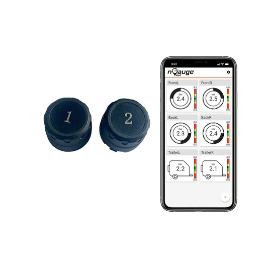 Two black tire pressure monitoring sensors with a smartphone displaying the nGauge app on a white background.