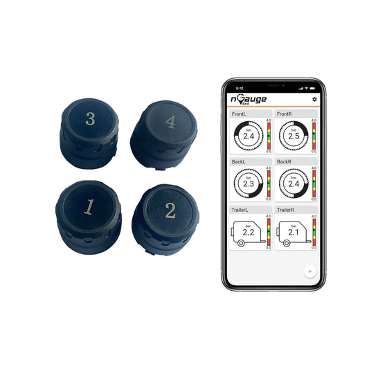 Four tire pressure monitoring sensors with a smartphone displaying the nGauge app on a white background